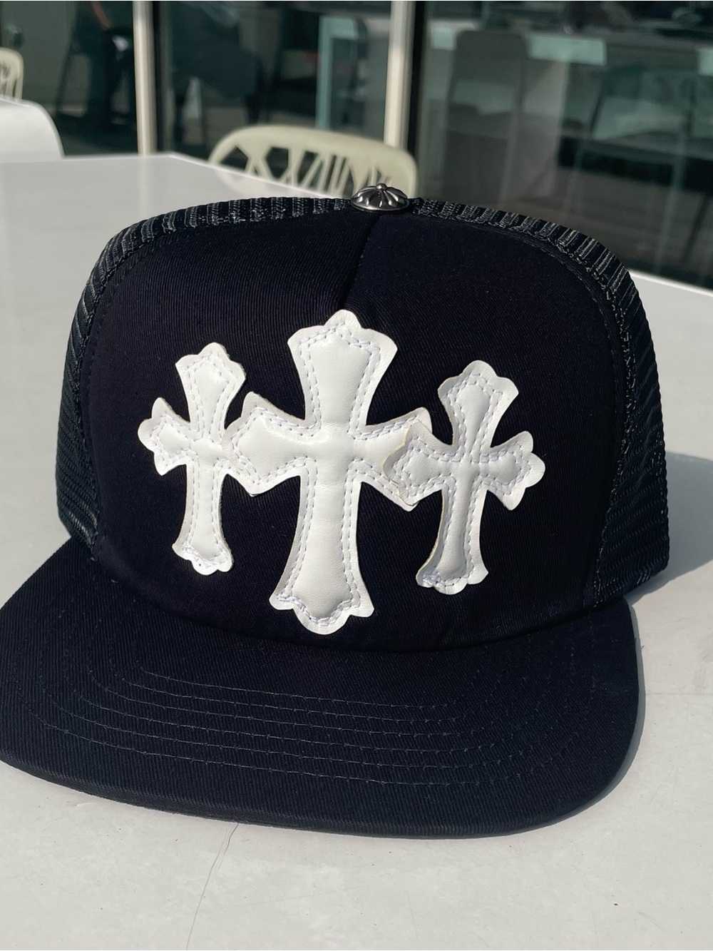 Chrome Hearts Black Trucker Cap with White Cross Appliqués